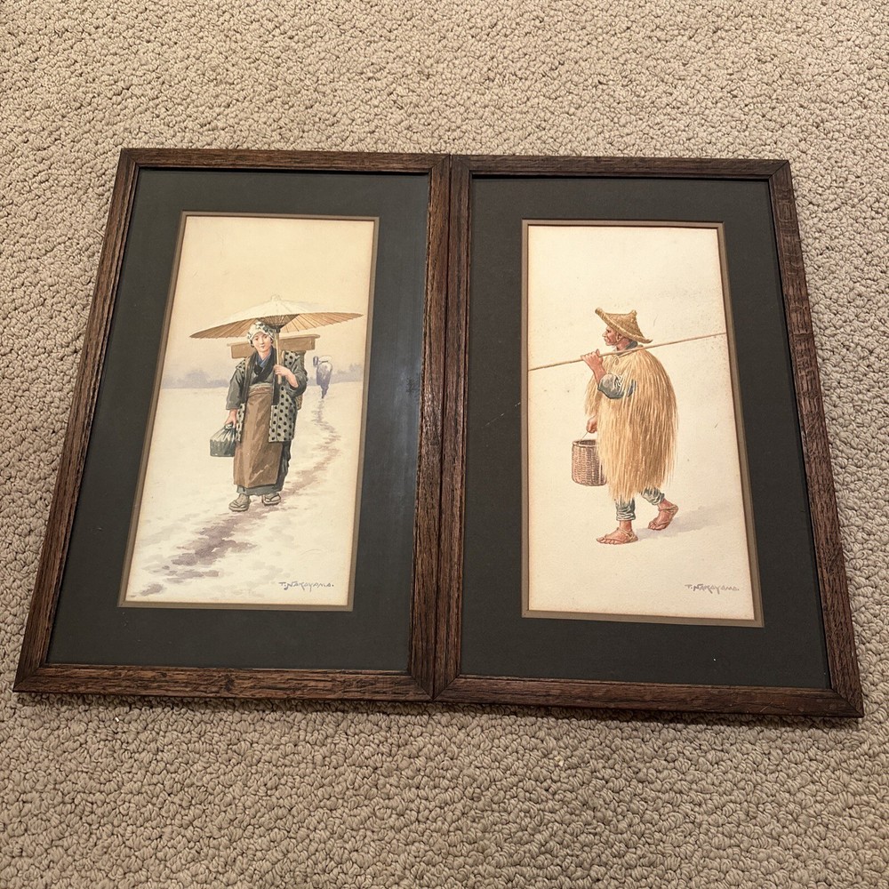 Antique Watercolor Art Pair Japanese Woodblock Artist Takashi Nakayama