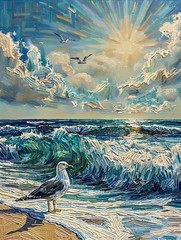 new handmade Painting on 16″*20″canvas Sunlit Ocean with Seagull by Wendy