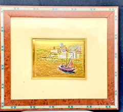 VTG ITALIAN 23k GOLD MINIATURE PAINTING 6.3″, PORT VIEW, WOOD FRAME, SIGNED vg