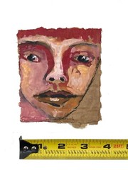 Original Outsider Art Primitive Red Hair Portrait Painting Torn Cardboard Art