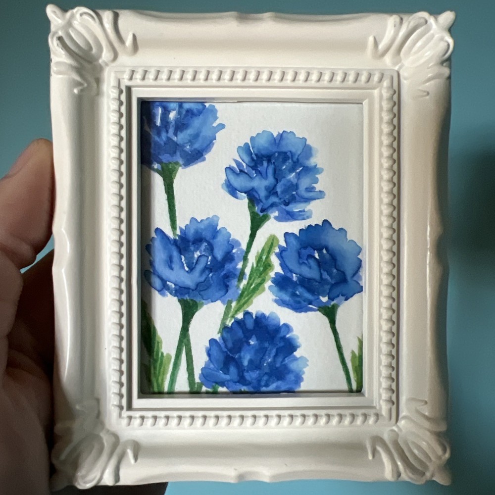Blue Flowers,original Watercolor,miniature Painting,small,mini,framed