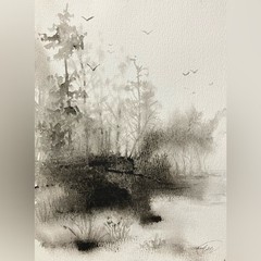 ORIGINAL Birds Landscape Painting Misty Forest Art Watercolor Artwork Monochrome