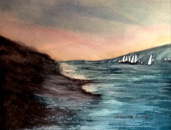 paintinWatercolor seascape, quiet harbor, sea, sailboats, beautiful sky, sunrise