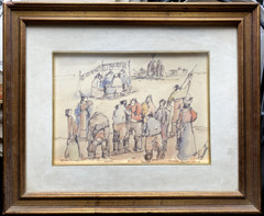Aquarell Undeutlich Signiert – Teuer Gerahmt Personen Am Strand Menschen Arbeit