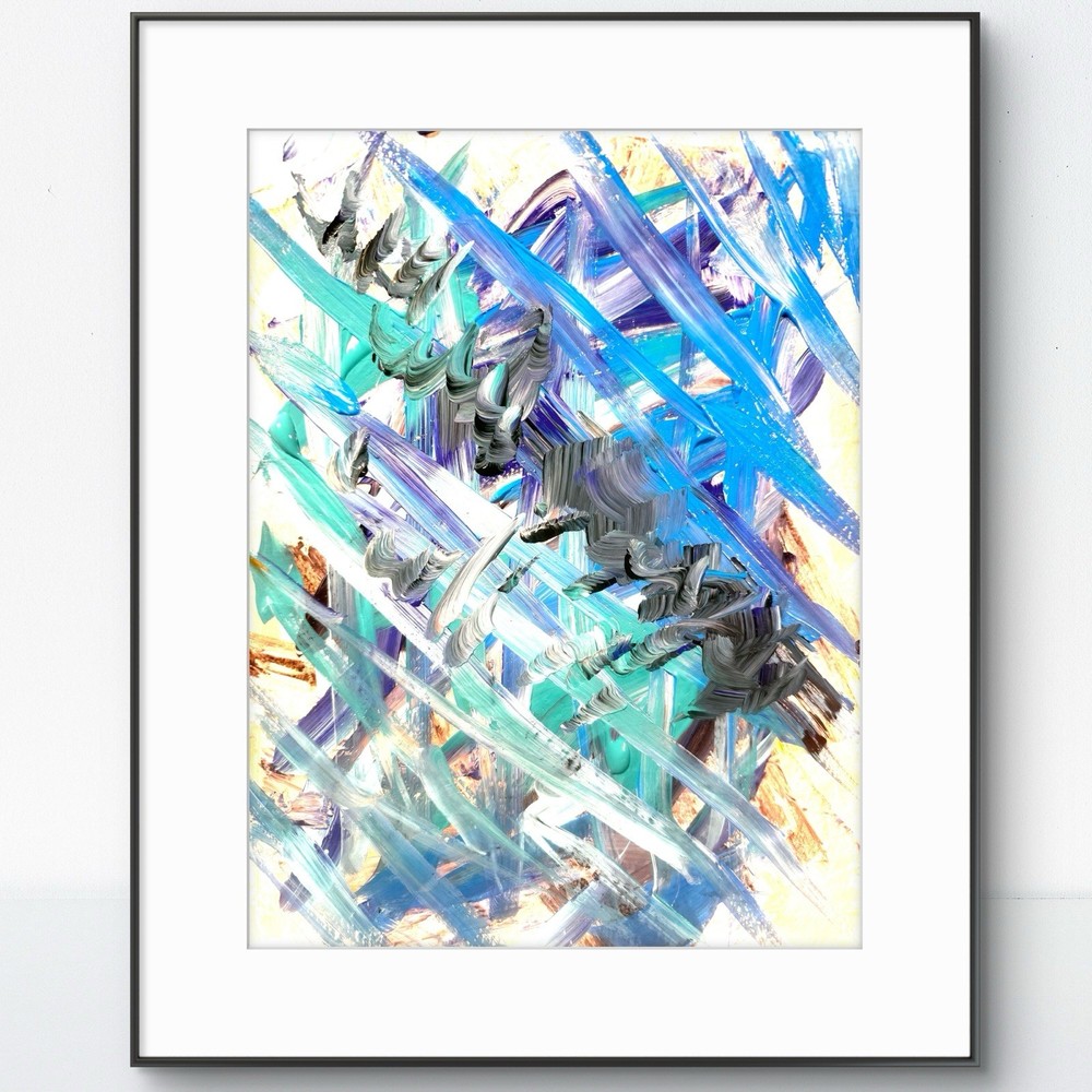 Original Abstract Expressionism 9X12 Turquoise into Blue Handmade Signed Paper