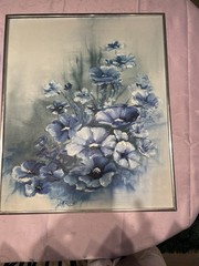 Lydia Darvis Painting, Blue Flowers Signed And Dated 1972