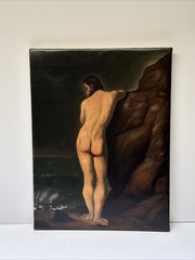 18TH TO 19TH CENTURY PAINTING MAN ON BEACH MEN ANTIQUE COASTAL CLIFFS ROCKS OLD