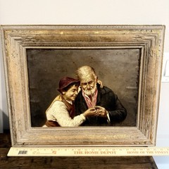 Antique Oil Painting Old Man & Boy Genre Pipe Scene Signed D Triouelli Framed