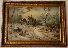 E. Masters Antique 19th Century Oil Painting Signed Winter Cabin Snow Landscape