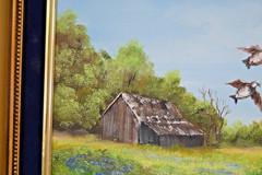 Texas Hill Country Oil Painting Landscape River Ducks Birds Cabin Creek Vintage
