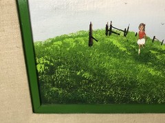Original Vergara Acrylic On Canvas Board Painting Little Girl Hill Birds Fence