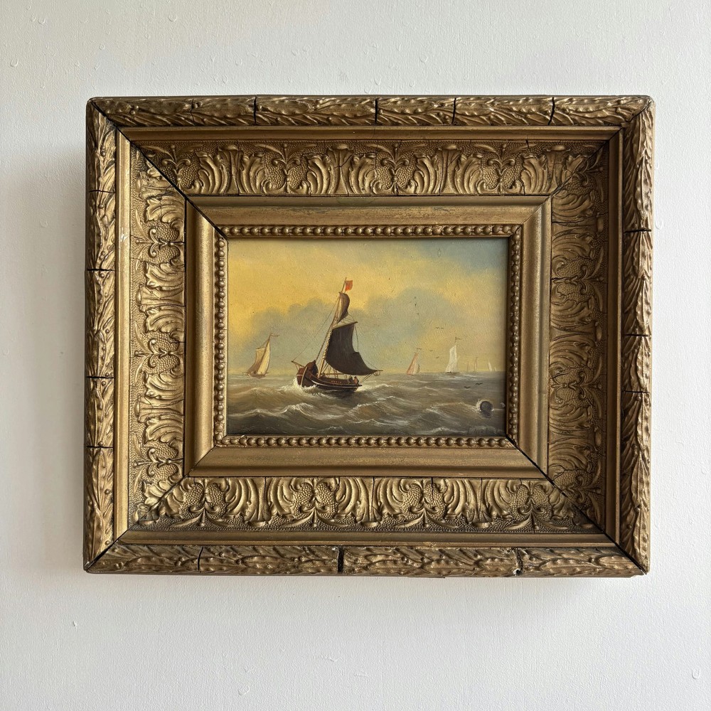 Antique Seascape Oil Painting „Sailing Boat“ Timeless Small Artwork