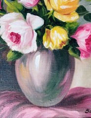 PINK AND YELLOW ROSES IN A VASE, original oil painting