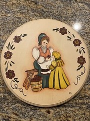 Vintage Folk Art Wood Painting Colonial Woman And Child Handpainted Historical