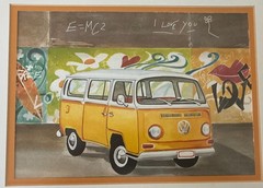 Groovy Framed/Matted Original Urban Art YELLOW VW / VOLKSWAGON BUS Oil on Paper