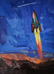 Jose Trujillo Original Oil Painting – Rocket, Rocket Ship 9×12 Oil on Canvas