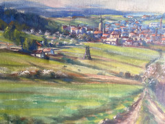 Oil Painting Landscape With Church And City B. Nova Signed Berge Meadows Antique