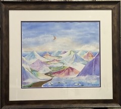 Vintage Original Watercolor Art Painting Mountains Signed Framed Matted
