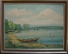 Boats Shore Chiemsee Prealps Sailboat Clouds Fishing Frame Antique Munich Oil