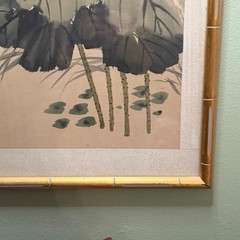 Vintage Chinese Silk Ink Painting Lotus Kingfisher Gold Faux Bamboo Frame 19×30