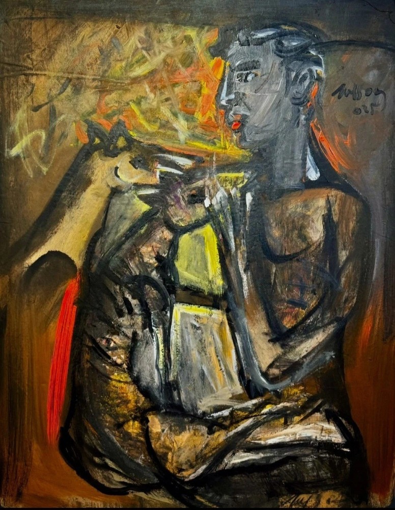 Nelson Dominguez T :Hombre y perro 118x92cm mixta/ canvas firmada dos veces ..