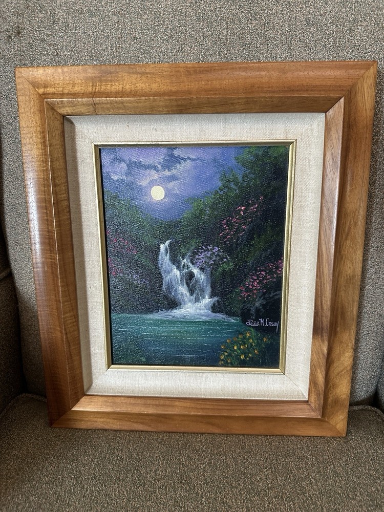 Moonlight Waterfall Landscape Framed Painting On Canvas-Signed