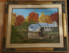 Vintage Watermill Country Autumn Landscape Oil Painting Linen Gesso Wood Frame
