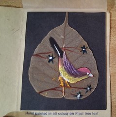 Hand Painted Pipal Tree Leaf Bird Skeleton Floral Oil Art India Multicolor Vtg