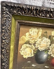 Original Oil Painting on Canvas „Roses In A Vase“ Black & Gold Frame Signed