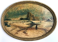 Signed Burlaici 1955 Oil Painting Winter Landscape Oval Gilt Frame Romanian Art