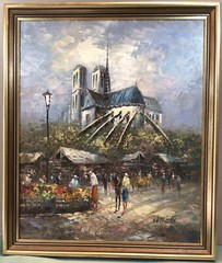 Original Work By Victor Bergen Flower Market Scene Framed Oil Painting