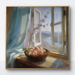 Original Oil Painting Still Life Spring Window Eggs Blossom Art 24x24in