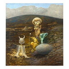 Pavel Bouda Surrealist Oil on Board Czech Landscape Painting Late 20th C Signed