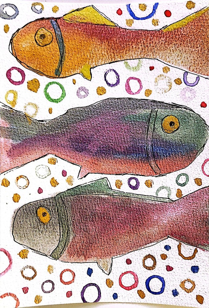 Three Fish With Bubbles Contemporary Expressionist Original Watercolor 5×7
