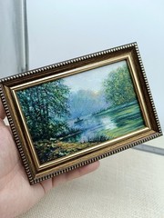 Fishing Boat Original Oil Painting 6×4 Framed Signed Lake River Landscape Art