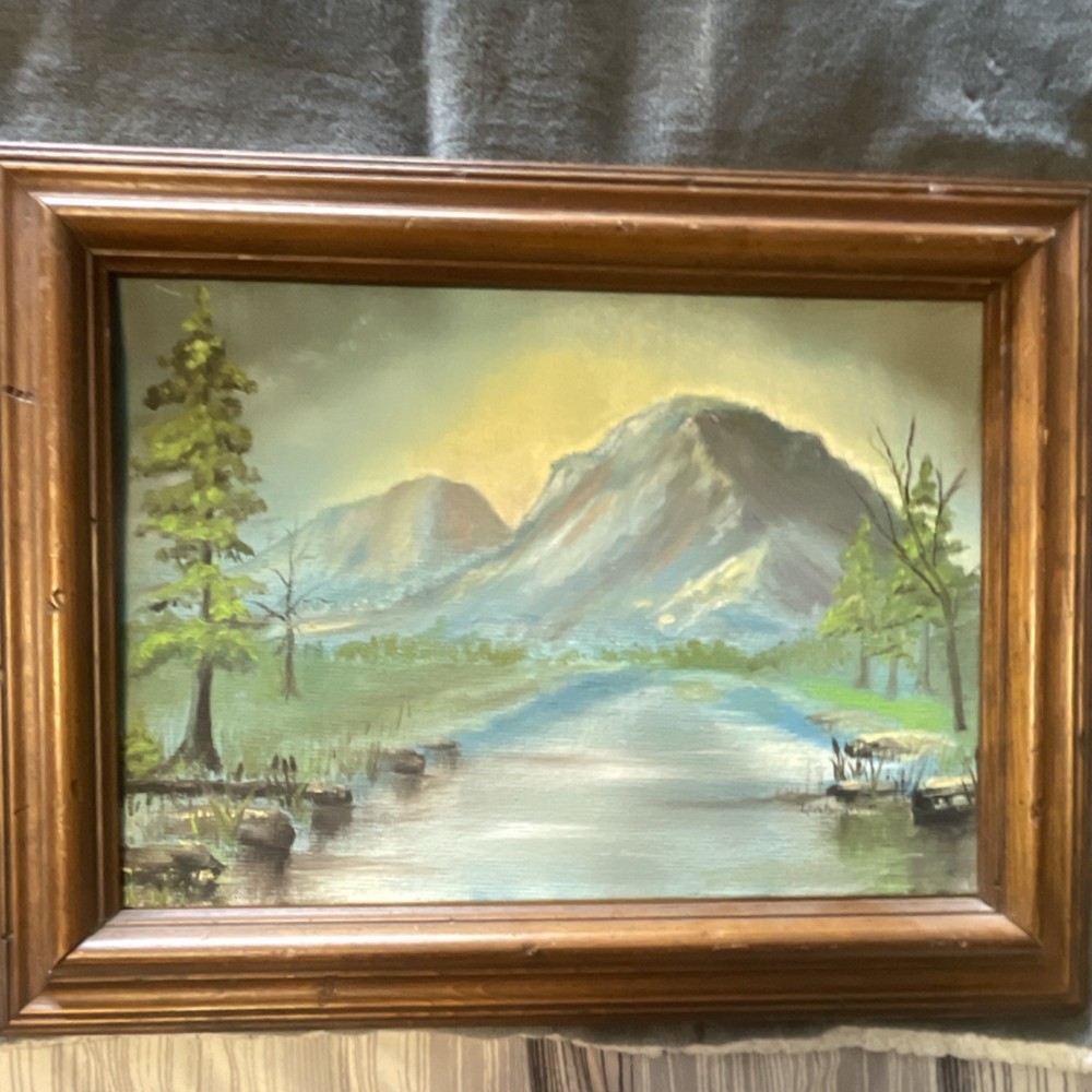 Framed Landscape Oil Painting with Mountains and Lake on Canvas