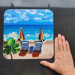 Beach Chairs Umbrellas Painting Coastal Ocean Original Wall Art Seaside Summer