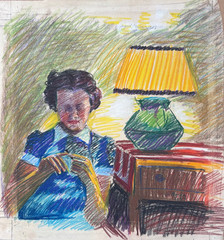 Girl Crocheting Near Table Lamp 20 x 18 1/2″ Painting Pastel-1937-August Mosca
