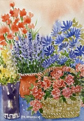 Pamela Wilhelm original Watercolor 5”x7” Garden Floral Roses Cosmos Basket Pot