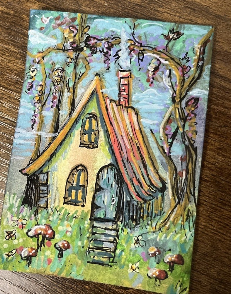 ACEO Original Painting Whimsical Country Cottage Acrylic Art OOAK Cachetmaison