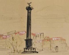 Vintage Ink, Gouache & Watercolor of Place de la Bastille by Claude Rodewald