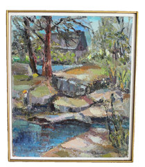 ANTIQUE FOLK ART OIL PAINTING VILLAGE BRIDGE RIVER SNOW WINTER LANDSCAPE PEOPLE