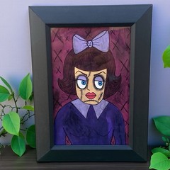 Original Painting Halloween Stiches Girl Big Bow In Hair Ooak Framed Art Gothic