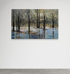 Original 30in x 48in swamp scene acrylic painting on canvas with trees.
