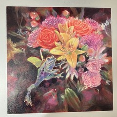 Original Flying Frog Painting floral art flowers ladybug Funny Artwork Amphibian