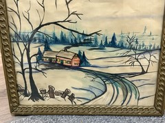 Watercolor Winter Scene, Unknown Artist, Framed 18” X 15”