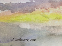 PAINTINGORIGINAL WATERCOLOR LANDSCAPE ABSTRACT REFLECTION OF THE SKY IN THE RIVE
