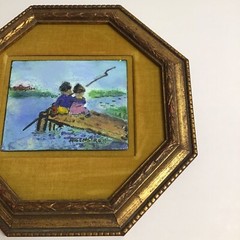 Enamel on Copper Painting SIGNED Helen Regenstreif Children Fishing 10” Vintage