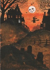 ACEO PRINT OF FOLK ART PAINTING VINTAGE STYLE RYTA WITCH BLACK CAT HALLOWEEN 🎃