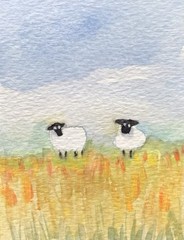 Aceo By Kenna Painting Gouache Landscape Sheep 2.5” X 3.5” Signed Original